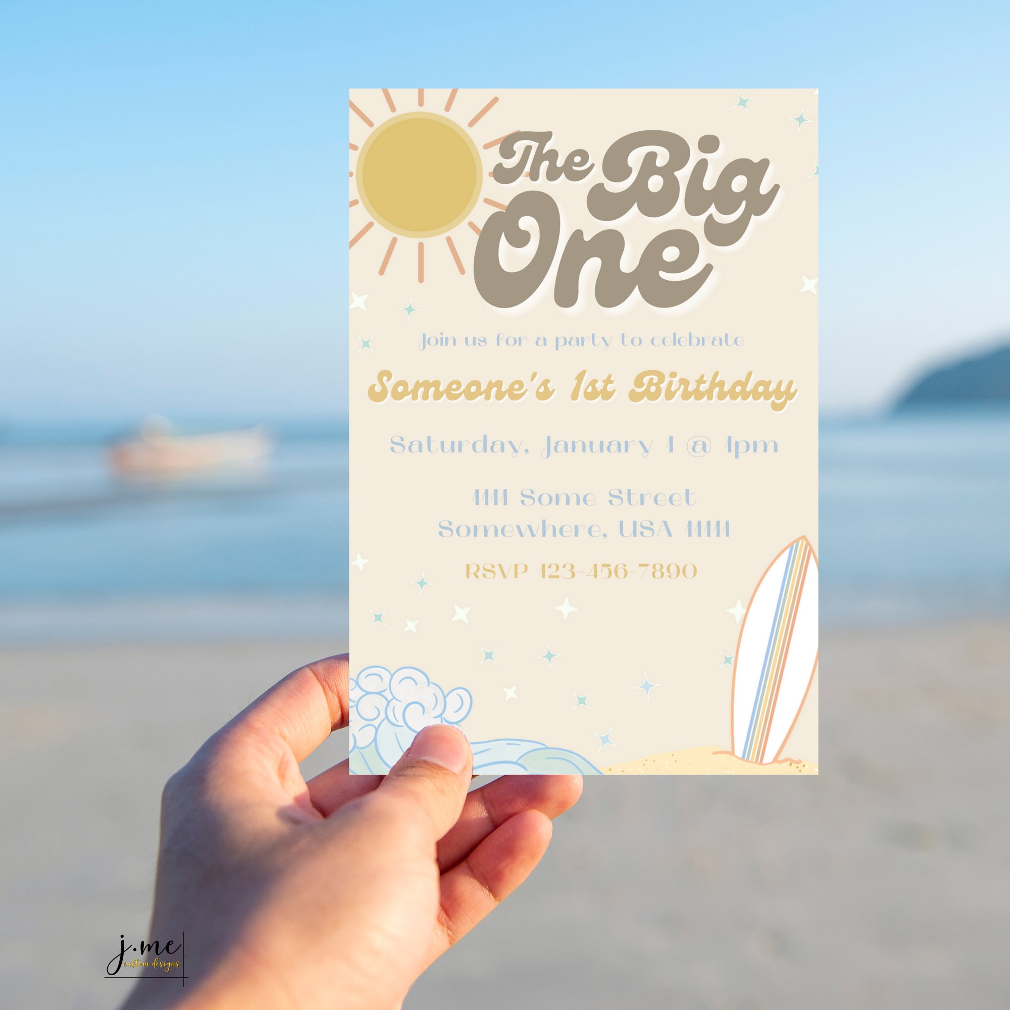 The Big One Invitation Template Retro Surfer Theme First Birthday Invite Ocean Themed Birthday Invite Surf Board Sun Retro