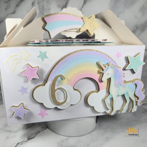 Unicorn Birthday Party Favor Box with Custom Name and Age Glitter Pastel Magical Gable Box Party Favor