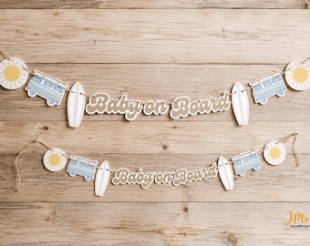 Baby on Board Baby Shower Banner Retro Surfer Ocean Theme Baby Shower Sun Van Surfboard Baby on Board Shower Banner Decor Neutral
