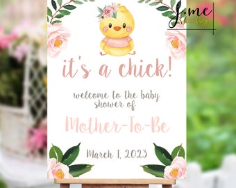 Baby Shower It's a Chick Welcome Poster for Baby Shower For Girl Chick Pink Rose Baby Chick Editable Sign Chicken Baby Shower Cute Baby
