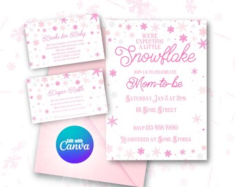 Op de afbeelding: Een uitnodigingsset voor een babyshower met een sneeuwvlokthema. De uitnodiging bevat de tekst "We verwachten een kleine Sneeuwvlok" en bevat details voor het evenement. Extra kaarten voor boeken en een luierloterij zijn inbegrepen.