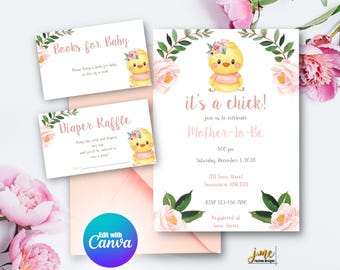 It's a Chick Baby Shower Editable Invitation for Baby Shower Pink Floral Spring Baby Chick Invite Template