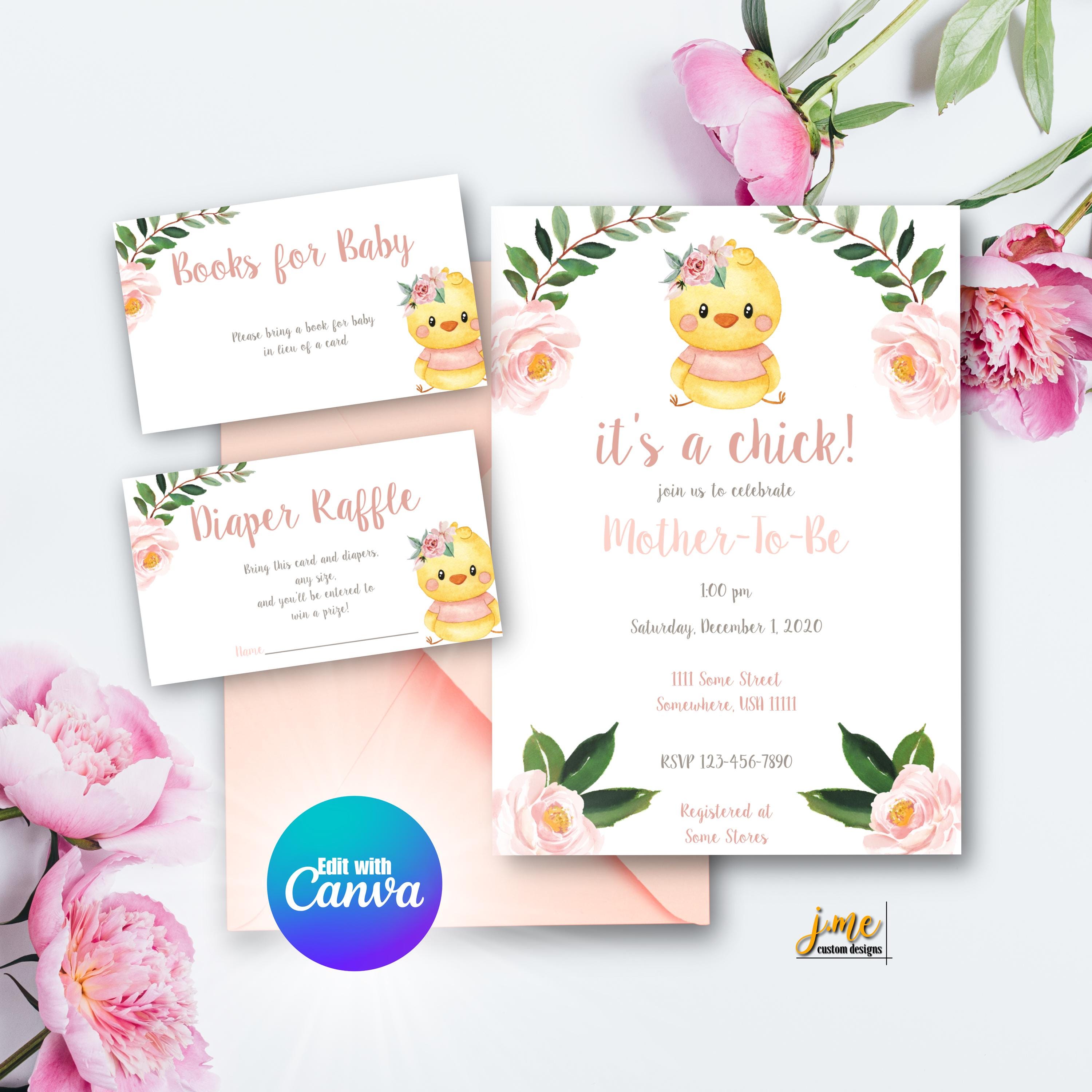 Invitación editable para baby shower de pollito, plantilla de invitación de  primavera con flores rosas. - Etsy México, image size:3000x3000