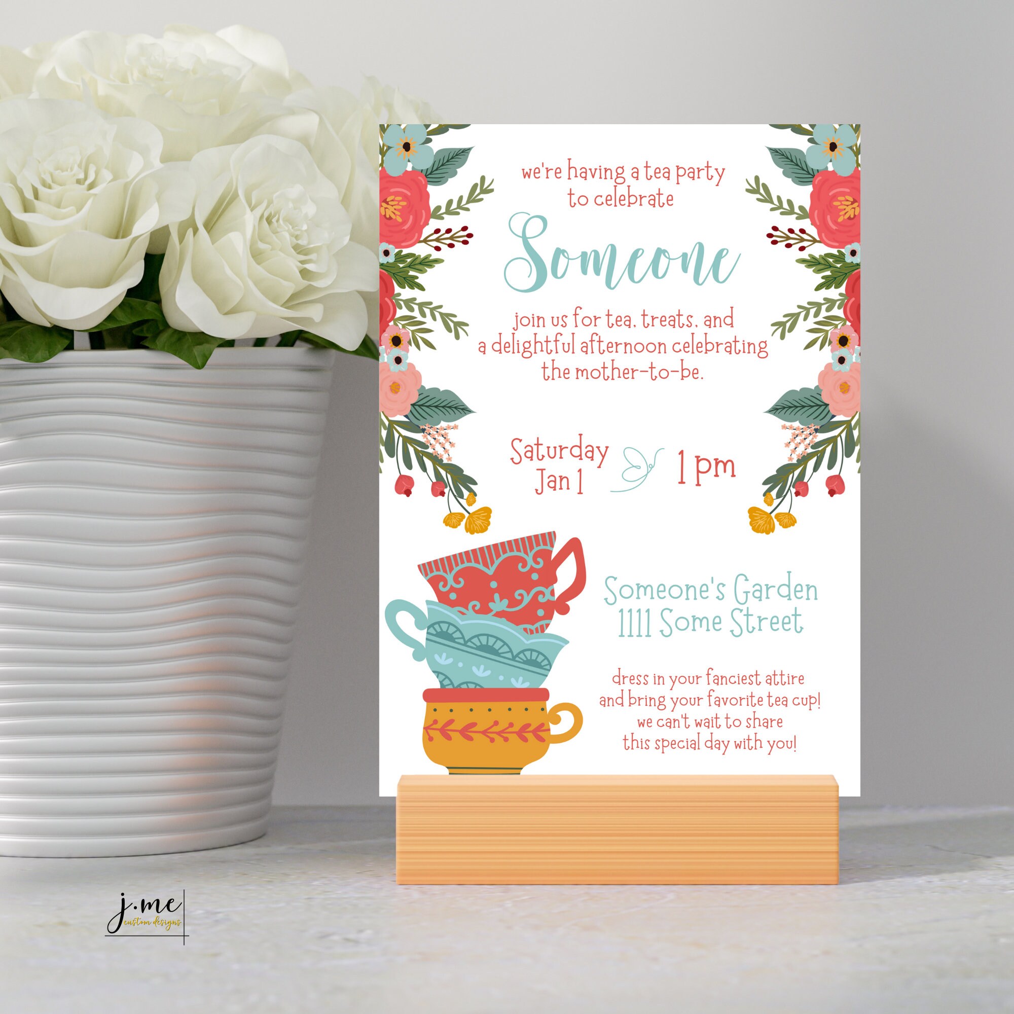 Tea Party Baby Shower Invitation Template Tea Baby Party Stacked Tea Cup Baby Shower Invitation Canva Template Custom Invite