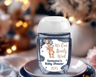 We Can Bearly Wait Baby Shower Favor Stickers Baby Shower Hand Sanitizer Stickers Bear Theme Blue  Brown