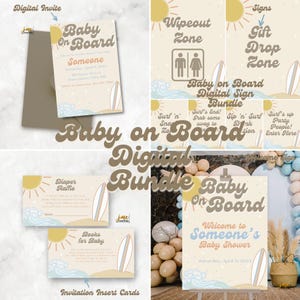 Baby on Board DIGITAL Baby Shower Bundle Ocean Theme Baby Invitation Template Surfer Table Signs Decor Welcome Sign Neutral