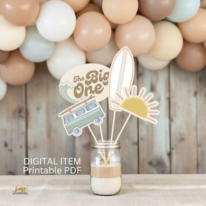 The Big One AFDRUKBAAR middelpunt Retro surfer thema eerste verjaardag digitale afdrukbare centerpieces surfplank Sun Van The Big One neutraal
