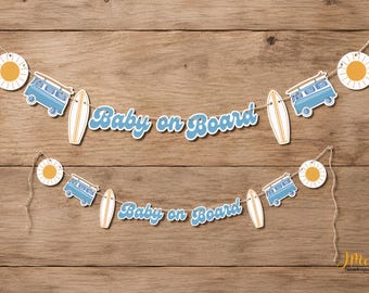 Baby on Board Baby Shower Banner Retro Surfer Ocean Theme Baby Shower Sun Van Surfboard Baby on Board Shower Banner Decor Bright