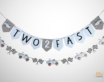Two Fast Blue and Black Race Car Birthday Banner Set Second Birthday Decor