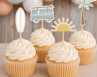 Surf's Up Cupcake Toppers Palm Tree Beach Neutral