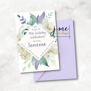 Modèle d&#39;invitation d&#39;anniversaire avec motif floral violet, invitation modifiable pour anniversaire de femme, invitation de fête floral diamant pour tous les âges