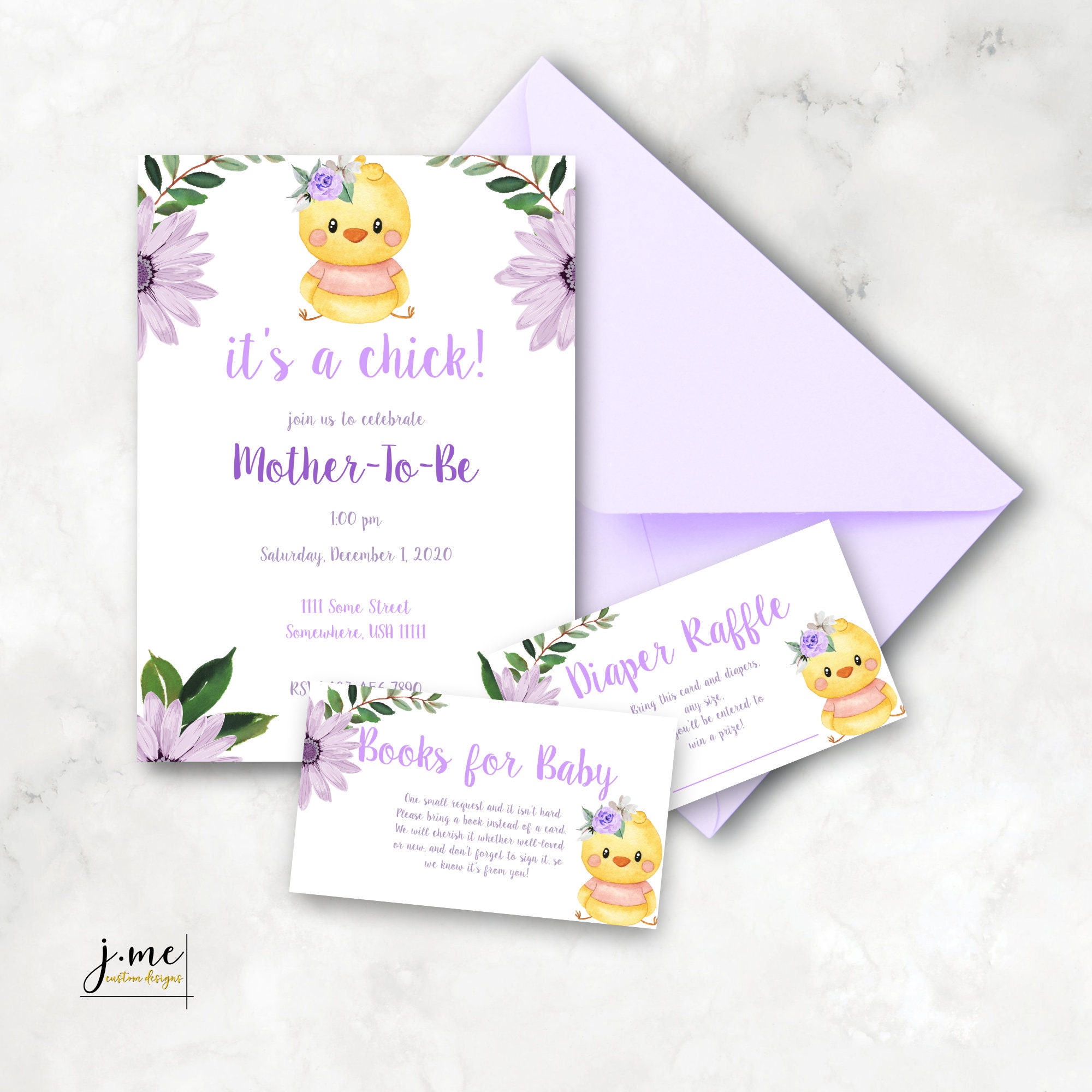 Invitación editable para baby shower de pollito, plantilla de invitación de  primavera con flores moradas. - Etsy México, image size:2000x2000