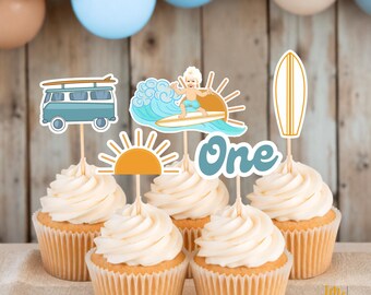 The Big One Custom Cupcake Toppers Birthday Decor Custom Kids Face Surfer and Icon Set Ocean Themed Party Bright