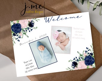 Editable Birth Announcement For Fraternal Boy and Girl Twins Birth Stat Card Family and Friends Announcement for Newborn Babies Twins