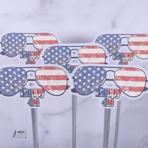 4th of July Cupcake Toppers American Flag Party Decoration 4th of July Independence Day Vintage Aviator Happy 4th Cupcake Toppers Patriotic