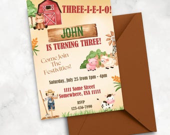Three I E I O Birthday Invitation Template Farm Themed Party Invite Editable Digital 3rd Birthday Card