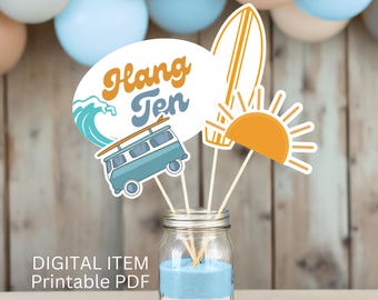 Hang Ten Surfer PRINTABLE Centerpiece Retro Surfer Theme Tenth Birthday Digital Printable Centerpieces Surf Board Sun Van Hang Ten Bright