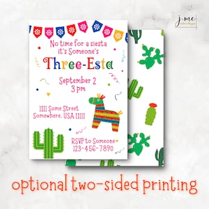 Verjaardagsuitnodiging Three-Esta Fiesta Party for Kid 3e verjaardag bewerkbare canvassjabloon Cactus Fiesta Celebration uitnodiging drie Esta