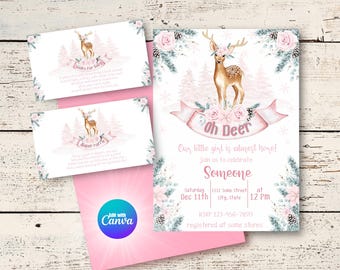 Oh Deer Baby Shower Invitation Set Baby Girl Invite Pink Floral Woodland Winter Wonderland Digital Template