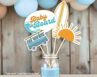 Baby on Board Centerpiece DIY Set Baby Shower Decor Surfer Theme Retro Ocean Baby Shower Bright Centerpiece for Baby on Board Baby Shower