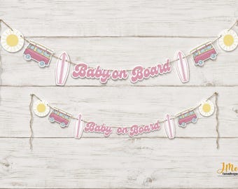 Baby on Board Surfer Girl Baby Shower Banner Retro Surfer Ocean Theme Baby Shower Sun Van Surfboard Baby on Board Shower Banner Decor Pink