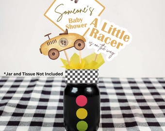 Little Racer on the Way Centerpiece Yellow Brown Gender Neutral Baby Shower Decor Racing Theme
