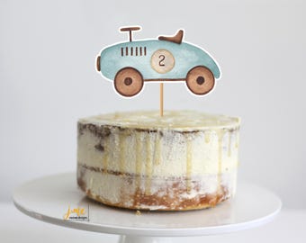 Cake Topper Blue Vintage Car Two Fast Old Car Cake Topper for Birthday Party Cake Growing Up Two Fast Vintage Race Car Second Birthday