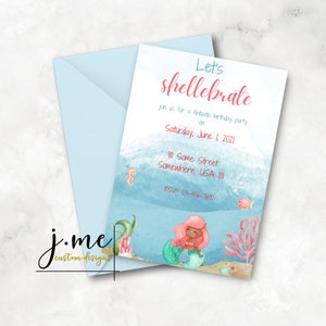 Mermaid Birthday Invitation Editable Girl Party Invite Let&#39;s Shellebrate Ocean Theme with 3 Skin Tones Digital Canva Template