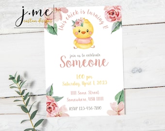 This Chick is Turning One Birthday Invitation Template First Birthday Party Pink Yellow Baby Chicken