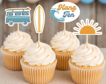 Hang Ten Surfer Cupcake Toppers for Birthday Party Decor Set of 24 Cupcake Toppers Bright Hang Ten Cupcake Decor Tenth Birthday