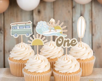 The Big One Custom Cupcake Toppers Birthday Decor Custom Kids Face Surfer and Icon Set Ocean Themed Party Neutral