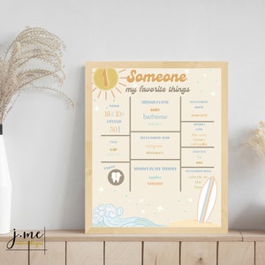 The Big One Surfer eerste verjaardag mijlpaal afdrukbare voorblad oceaanthema verjaardagsfeestje decor bewerkbare sjabloon eerste jaar favorieten