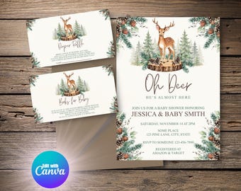 Oh Deer Baby Shower Invitation Set Baby Boy Invite Woodland Forest Digital Template