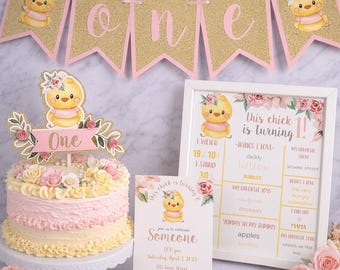 Birthday Chick First Birthday Party Decor and Digital Invitation Set Birthday Chick First Birthday Bundle Cake Topper Banner Milestone Print