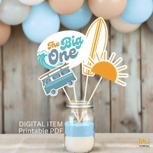The Big One PRINTABLE Centerpiece Retro Surfer Theme First Birthday Digital Printable Centerpieces Surf Board Sun Van The Big One Bright
