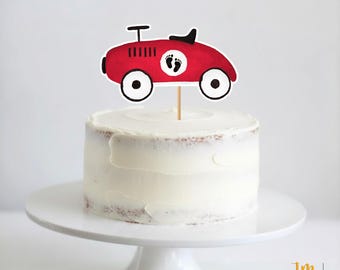 Racer on the Way Baby Shower Cake Topper Red Vintage Car Little Racer on the Way