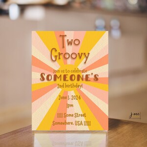 Second Birthday Invitation Two Groovy Retro Invite for Second Birthday Party Girl Pink Mustard Yellow Peach Editable Invitation Template