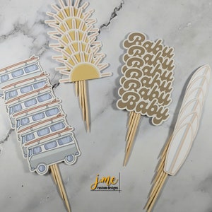 Baby on Board Cupcake Toppers Surfer Theme Baby Shower Decor Neutral Color