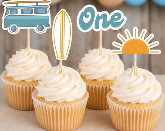 The Big One Bright Cupcake Toppers Retro Surfer Theme First Birthday Decor Ocean Themed Cupcake Tops Surf Board Sun Retro Van Big One