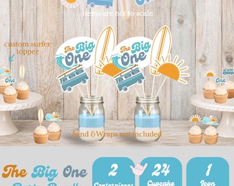 The Big One Surfer Party Bundle Cupcake Toppers Centerpieces Icon Banner Party Decor First Birthday Beach Theme