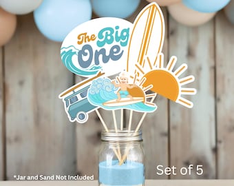 The Big One Custom Baby Face Centerpiece Set First Birthday Decor Set of 5 Surfer Ocean Themed Centerpieces Surf Board Sun Van Bright
