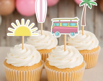 Surf's Up Pink Surfer Girl Cupcake Toppers Beach Party Cake Decorations