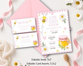 Little Honey Bee Baby Shower Bundle, Pink Gingham Editable Invite (Digital Download)