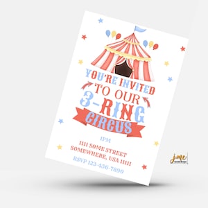Three Ring Circus Digital Invitation Template for Carnival Theme Birthday 3 Ring Circus Birthday Party Digital Invitation Canva Template