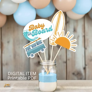 Baby on Board PRINTABLE Centerpiece DIY Set Baby Shower Decor Surfer Theme Baby Shower Bright Centerpiece for Baby on Board Baby Shower