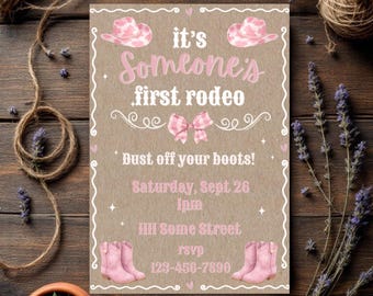First Rodeo Birthday Invitation Editable Template Pink Coquette Cowgirl Theme