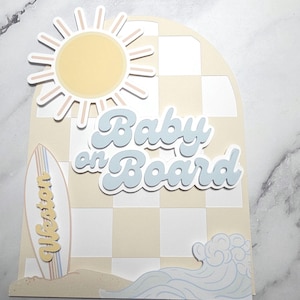 Baby on Board Cake Topper Retro Baby Shower Cake Topper Custom Name Surf Board Beach Cake Topper