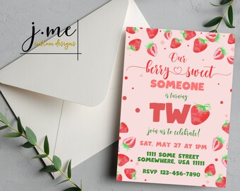 Berry Sweet Second Birthday Party Invitation Template Strawberry Themed Invite Pink and Red Sweet Berry 2nd Birthday