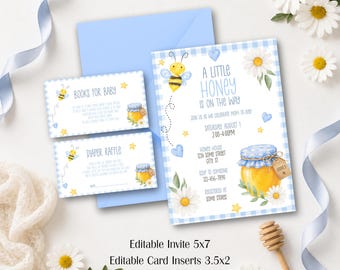 Little Honey On The Way Invitation Set, Editable Bee Baby Shower Invite, Blue Gingham, Canva Template, Diaper Raffle Card, Baby Shower Games