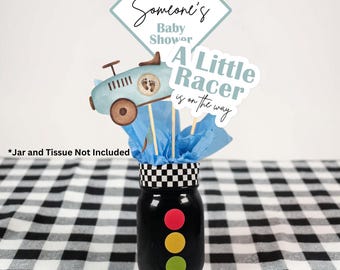 Little Racer on the Way Centerpiece Blue Baby Shower Decor Racing Theme